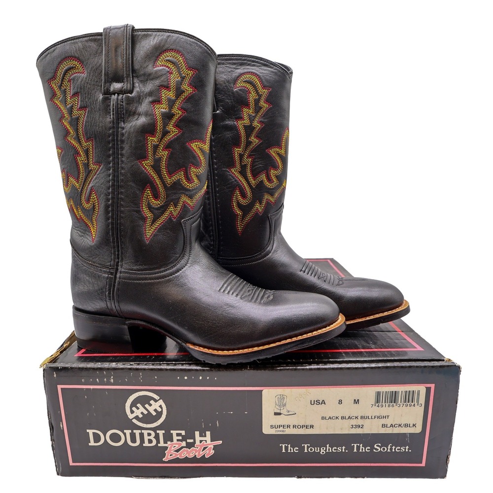 Double-H Super Roper Cowboy Boots Mens 8 M Black Leather NWT Vintage Style 3392